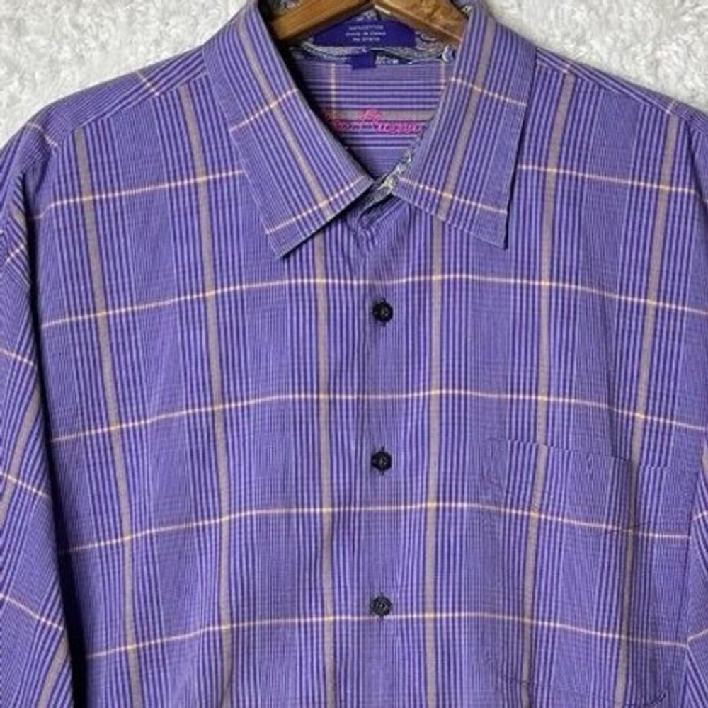 Alan Flusser Mens XXL Purple Plaid Cotton Button Down Shirt Paisley Trim Cuffs